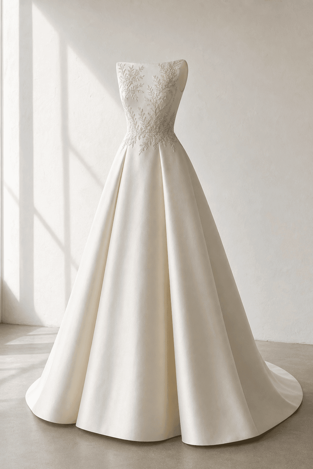 Robe de mariée en mikado de soie au bustier brodé, photographiée sur fond ivoire